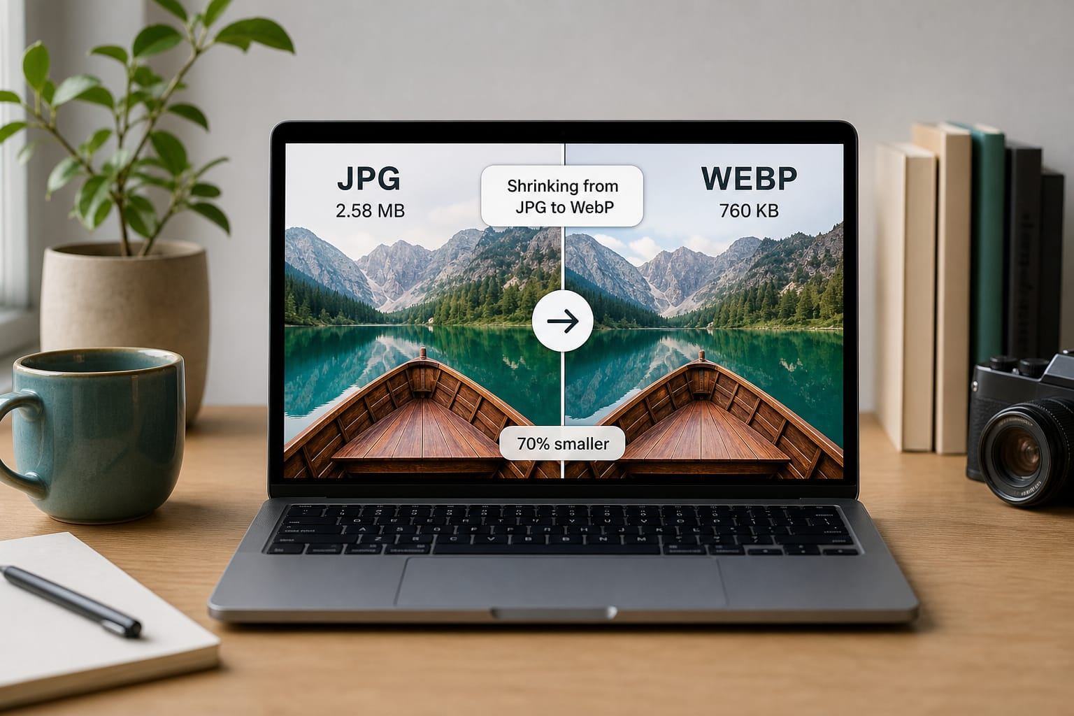 JPG to WebP: Convert JPG images to modern WebP for smaller web files.