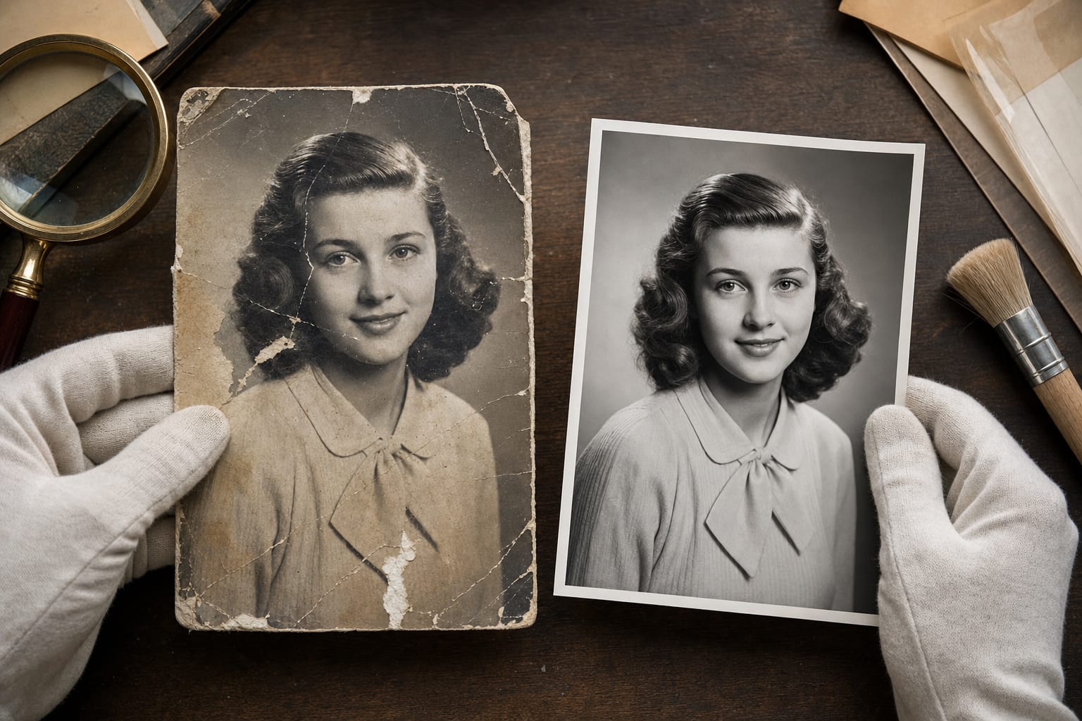 Old Photo Restoration: Repair tears, scratches, and fading. Restore missing detail only where the print is damaged.