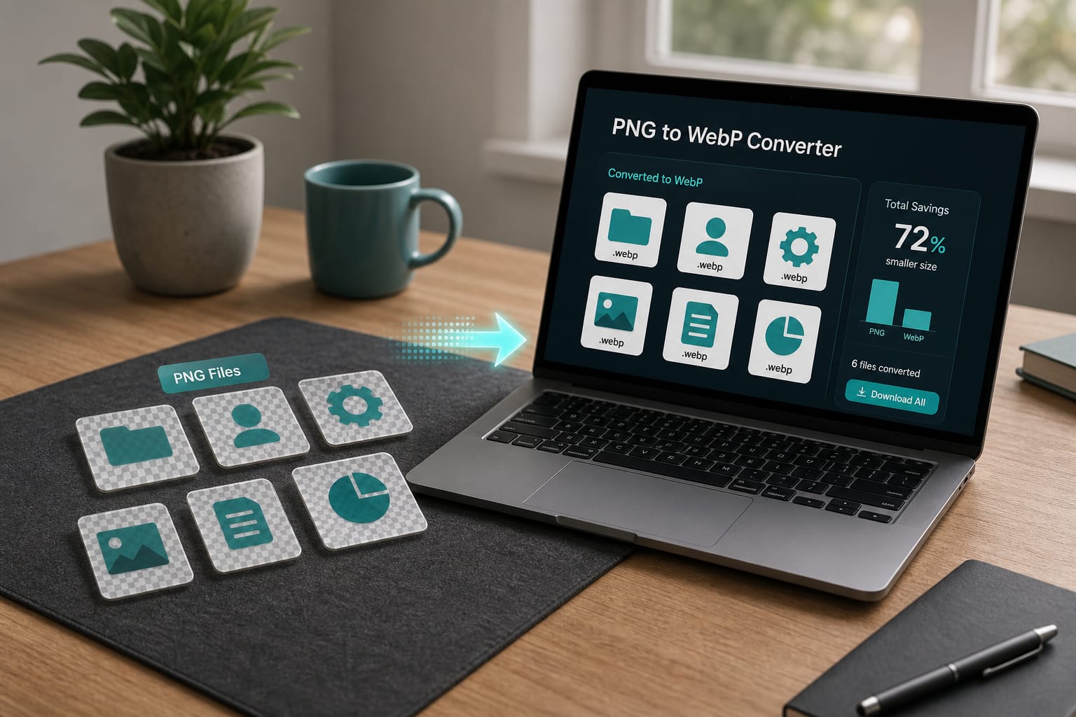 PNG to WebP: Convert PNG images to WebP while keeping sharp edges.