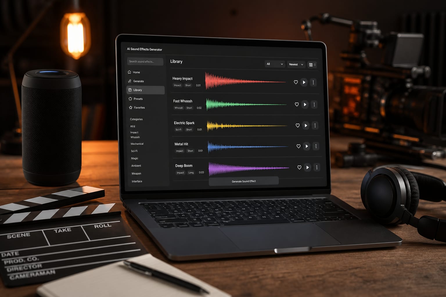 AI Sound Effects: Generate cinematic sound effects from a text prompt for videos and games.