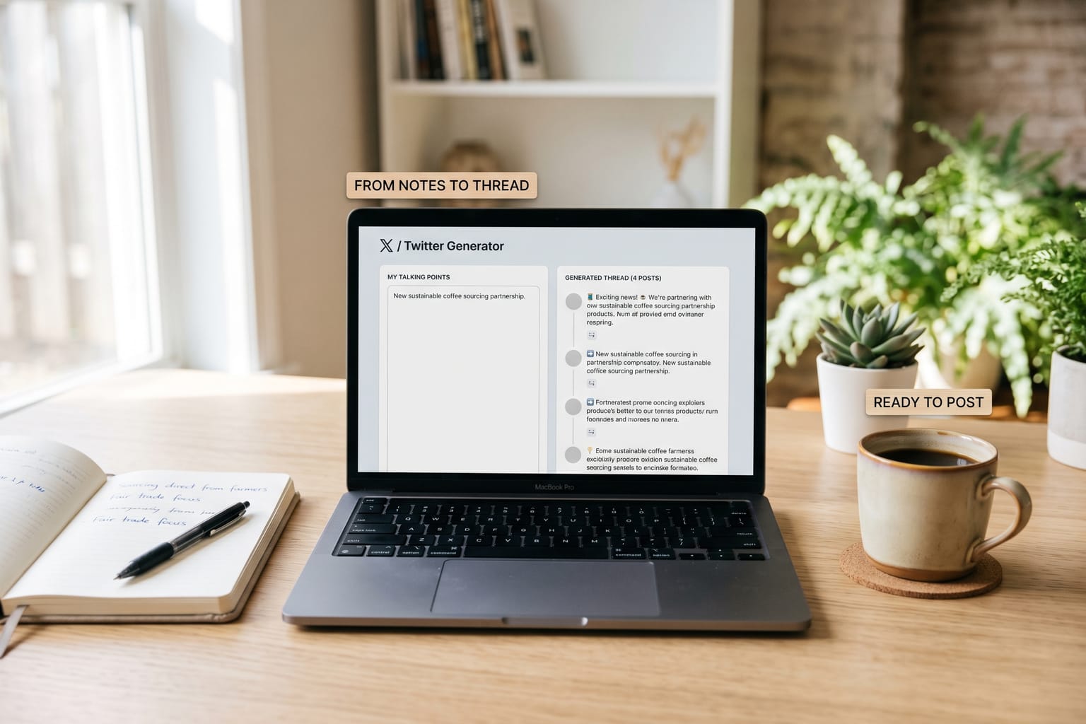 X / Twitter Generator: Write posts or a thread from a talking point.