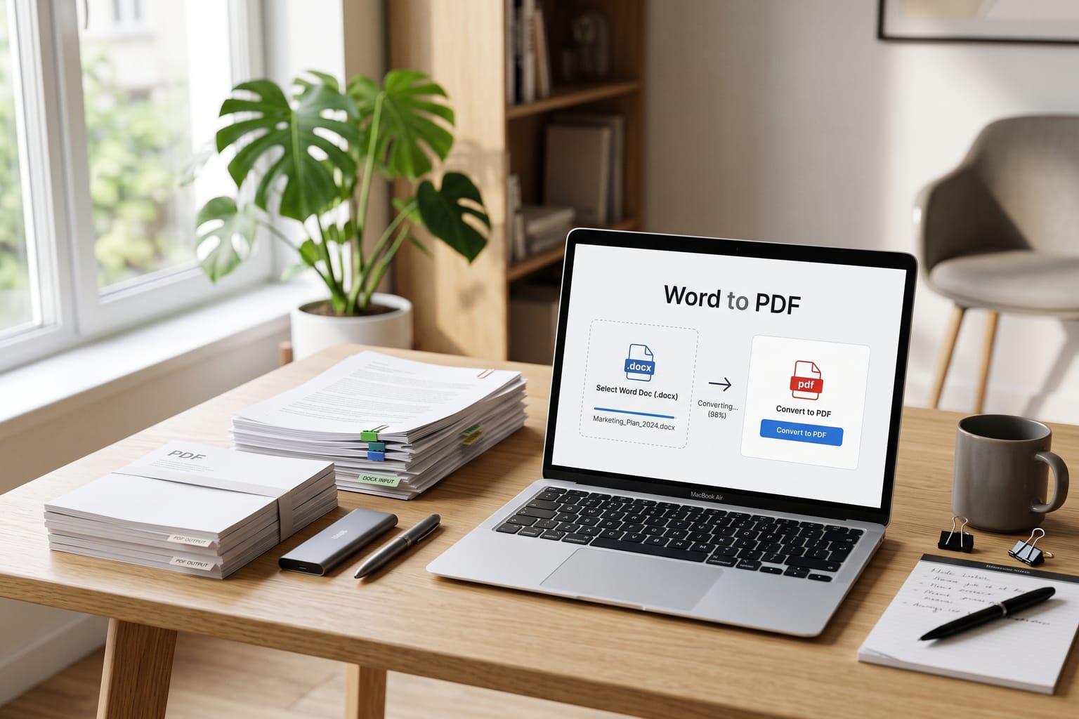 Word to PDF: Convert Word documents (.docx) to PDF.